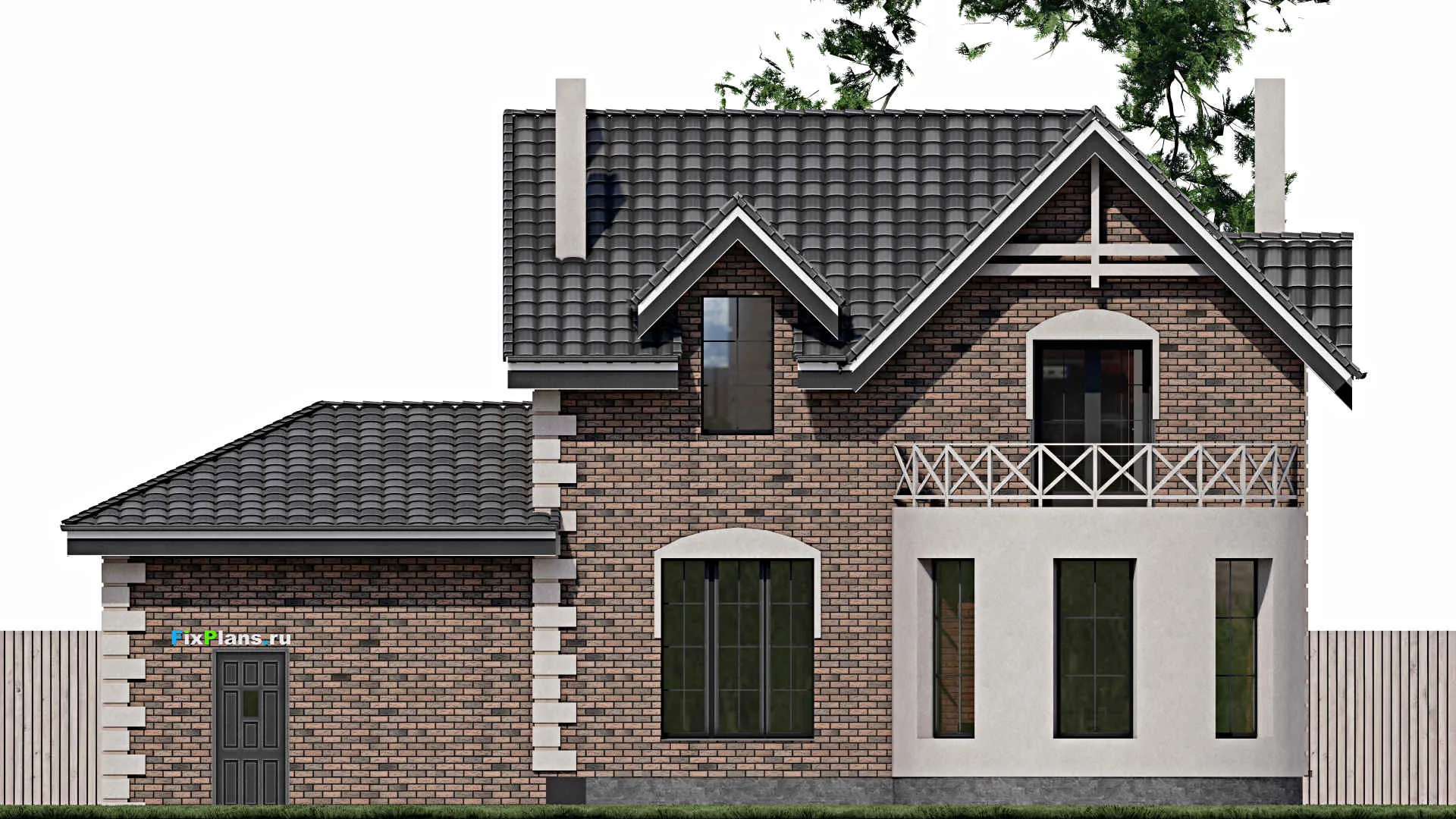 F-0890 - Планы дома с мансардой 15 на 16, площадью 210 м² с балконом, гаражом на 1 машину и 4 спальнями