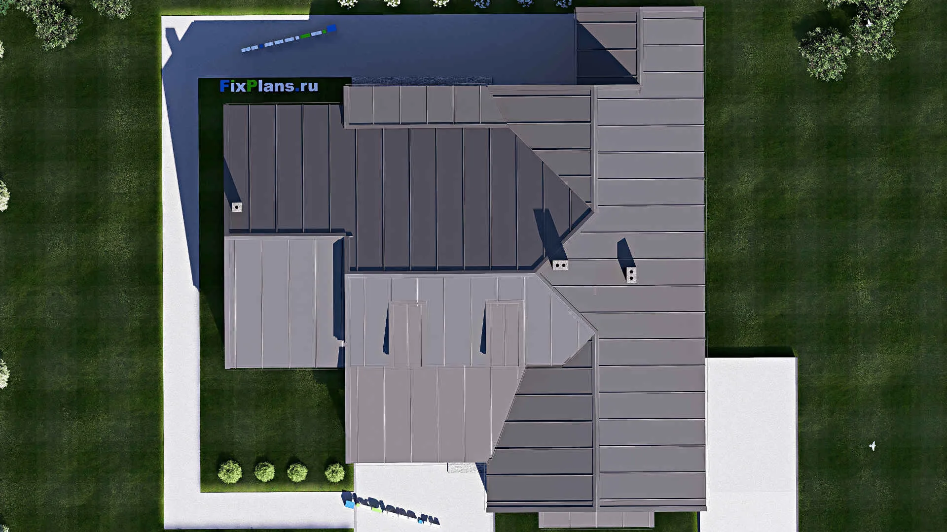 F-17081 - Проект одноэтажного дома 20 на 21, площадью 260 м² с террасой, гаражом на 2 машины и 4 спальнями