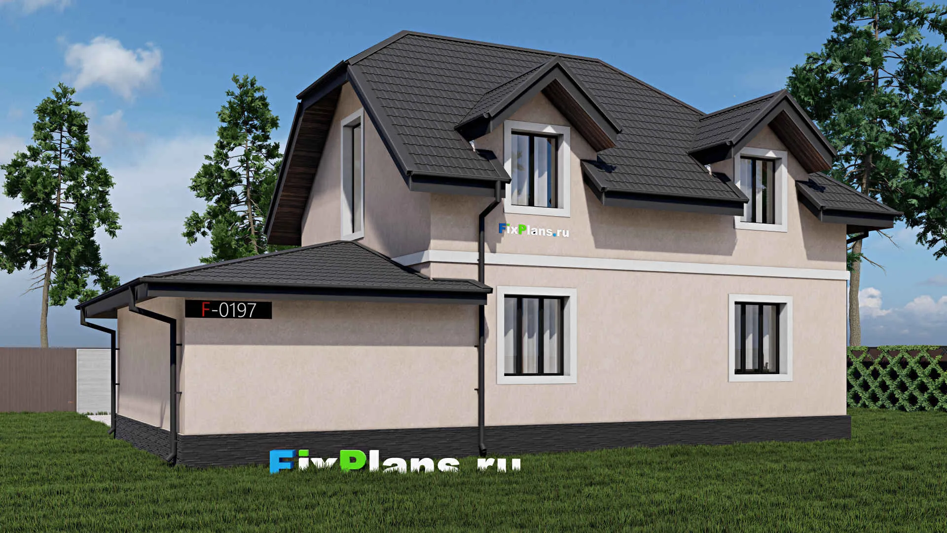 F-0197i - Проект дома с мансардой 11 на 15, площадью 160 м² с террасой, балконом, гаражом на 1 машину и 4 спальнями