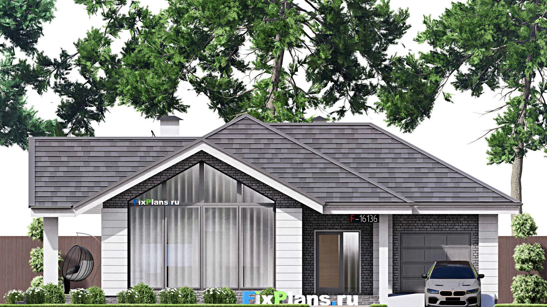 F-16136 - Проект одноэтажного дома 16 на 20, площадью 210 м² с террасой, гаражом на 1 машину и 3 спальнями