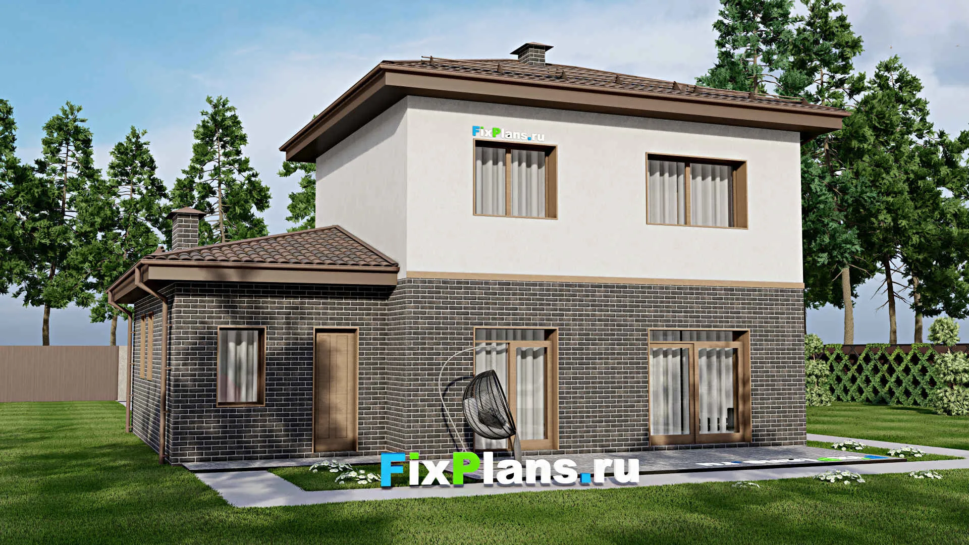 F-6776 - Проект двухэтажного дома 14 на 16, площадью 200 м² с террасой, гаражом на 1 машину и 4 спальнями