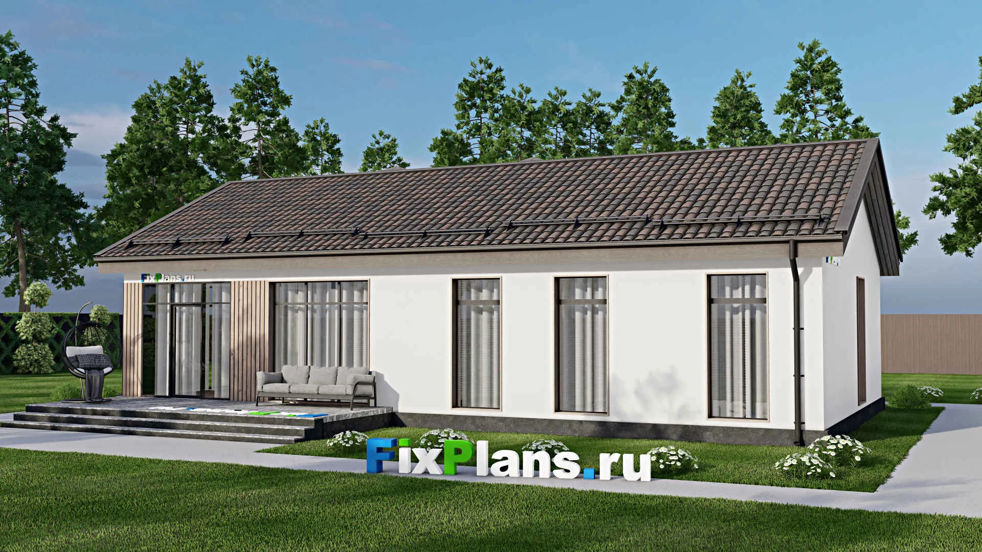 F-6038 - Проект одноэтажного дома 9 на 16, площадью 140 м² с террасой и 3 спальнями