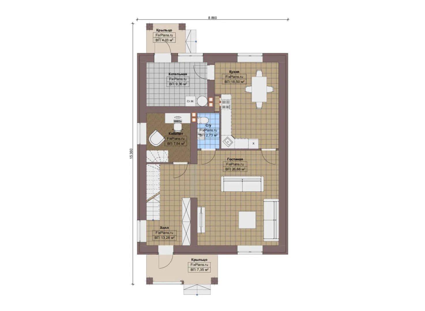F-9323 - Планы дома с мансардой 9 на 16, площадью 170 м² с 2 спальнями