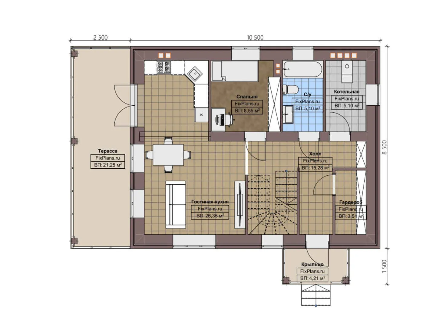 F-4085 - Планы дома с мансардой 9 на 11, площадью 150 м² с террасой и 4 спальнями