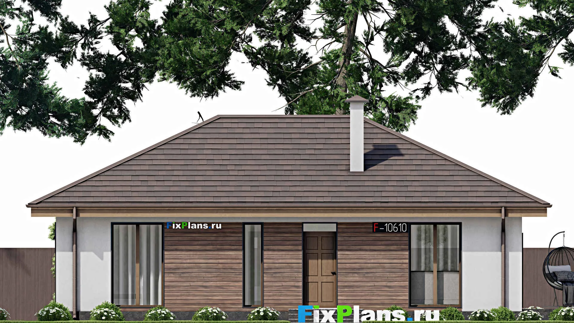 F-10610 - Проект одноэтажного дома 11 на 17, площадью 130 м² с террасой и 2 спальнями