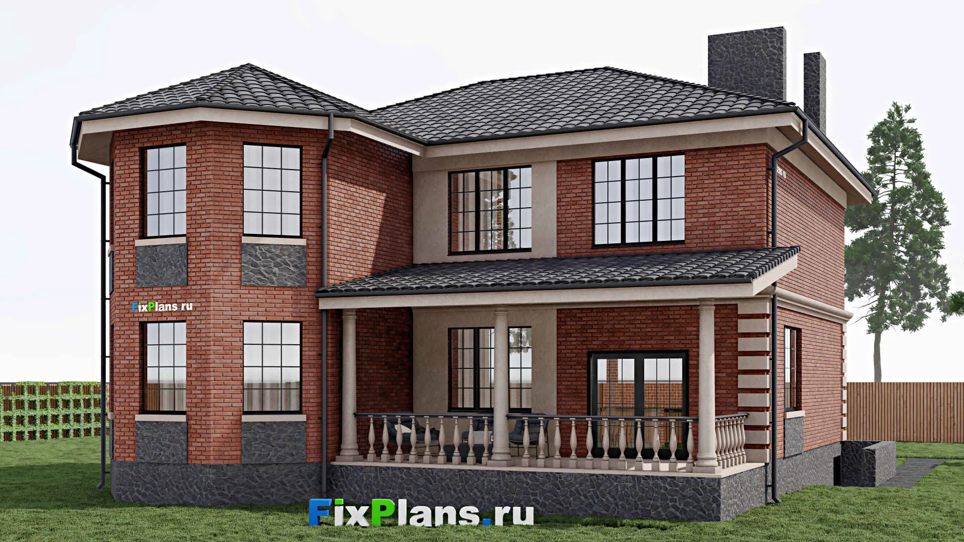 F-0395 - Проект двухэтажного дома 15 на 17, площадью 290 м² с террасой, балконом и 2 спальнями