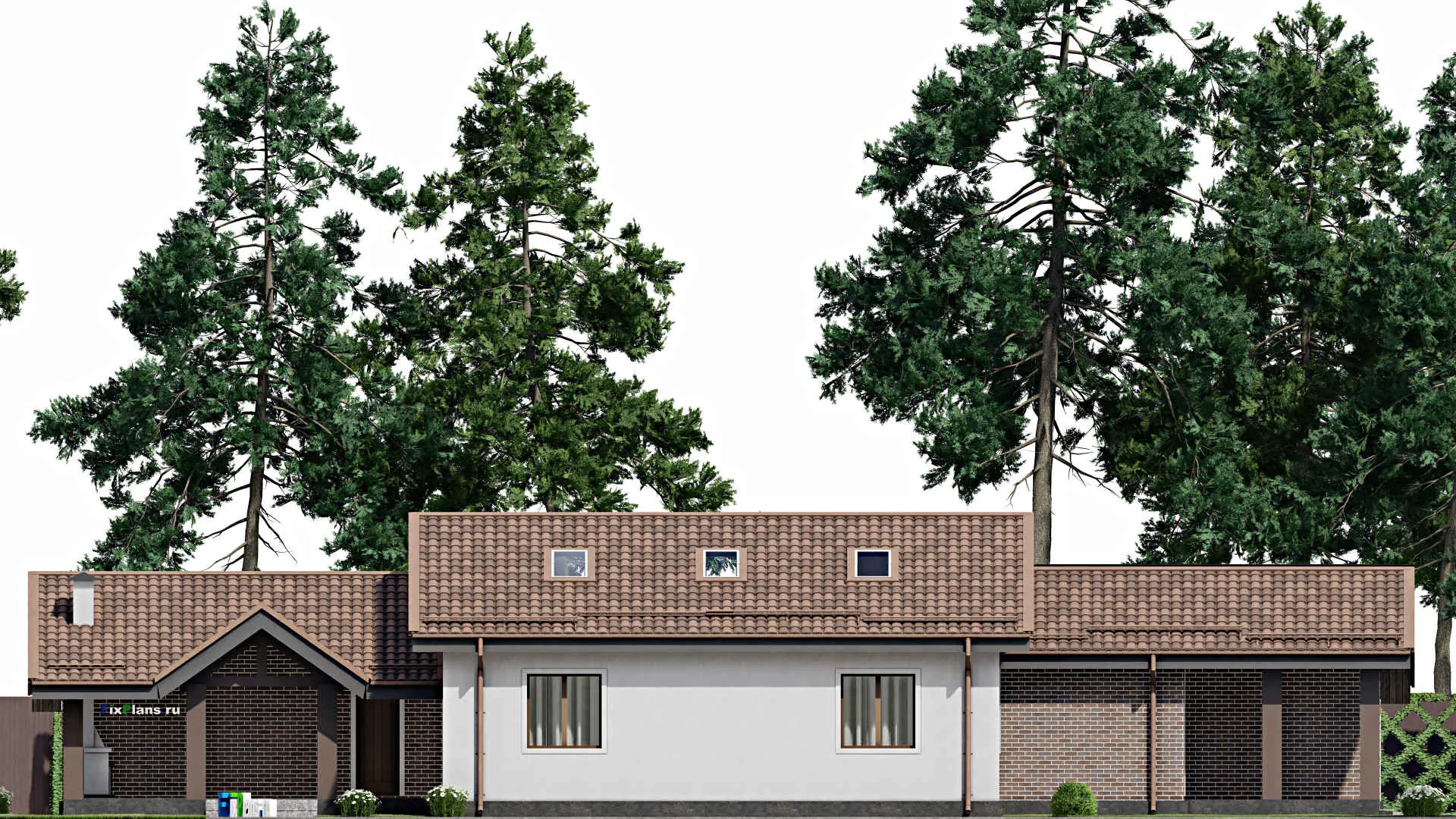 F-9053 - Проект одноэтажного дома 12 на 26, площадью 190 м² с террасой, баней, гаражом на 1 машину и 2 спальнями