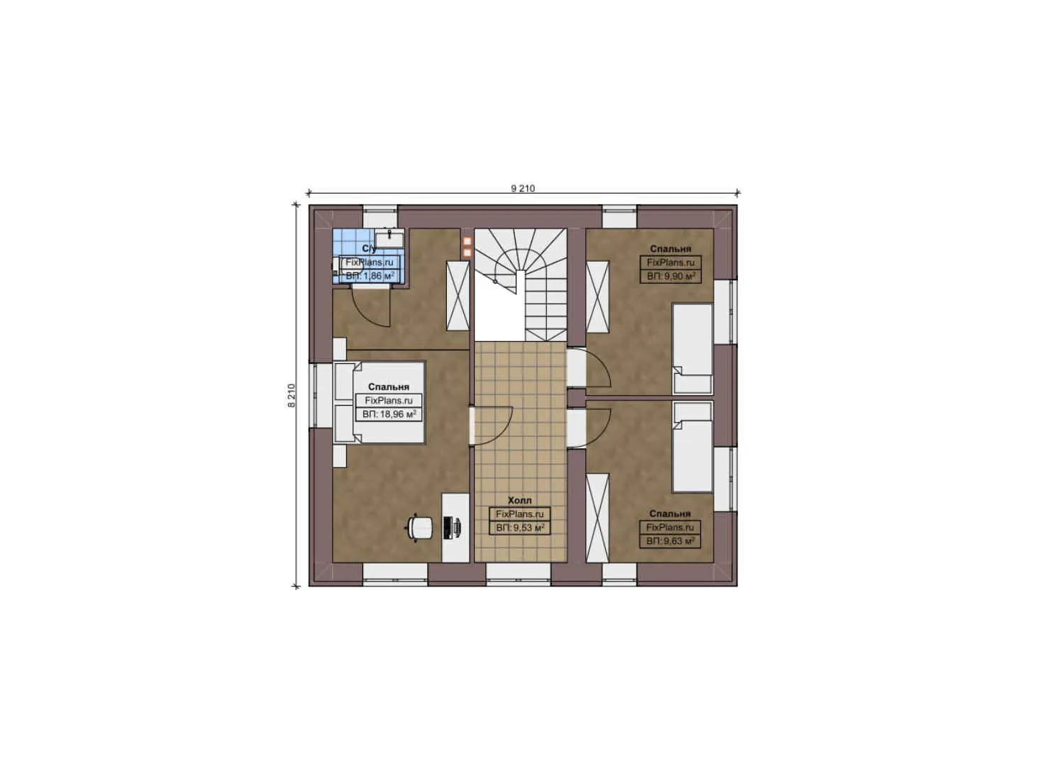 F-9836 - Планы двухэтажного дома 10 на 11, площадью 120 м² с 3 спальнями