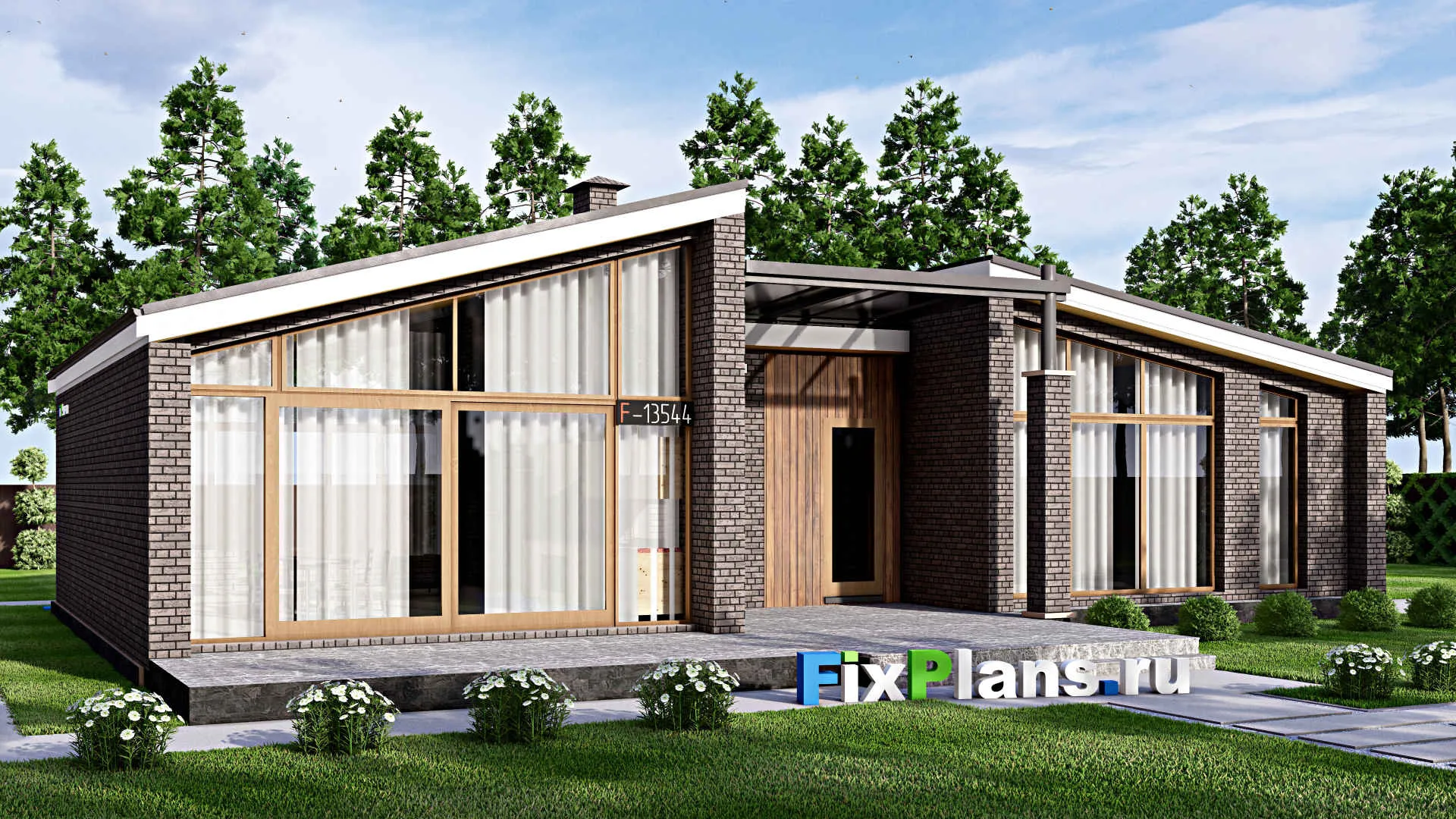 F-13544 - Проект одноэтажного дома 14 на 19, площадью 190 м² с террасой и 2 спальнями