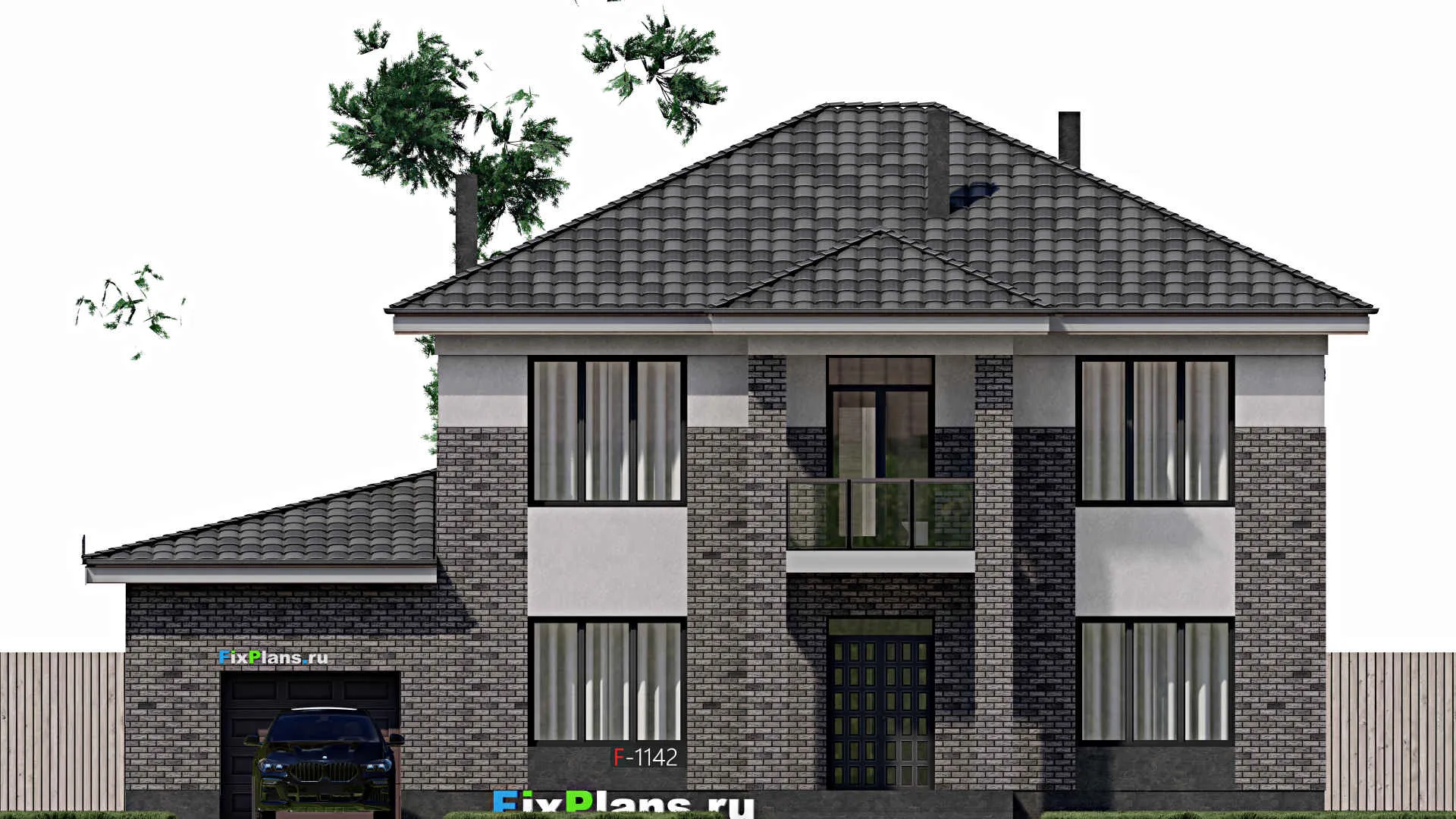 F-1142 - Проект двухэтажного дома 11 на 17, площадью 270 м² с террасой, балконом, гаражом на 1 машину и 4 спальнями