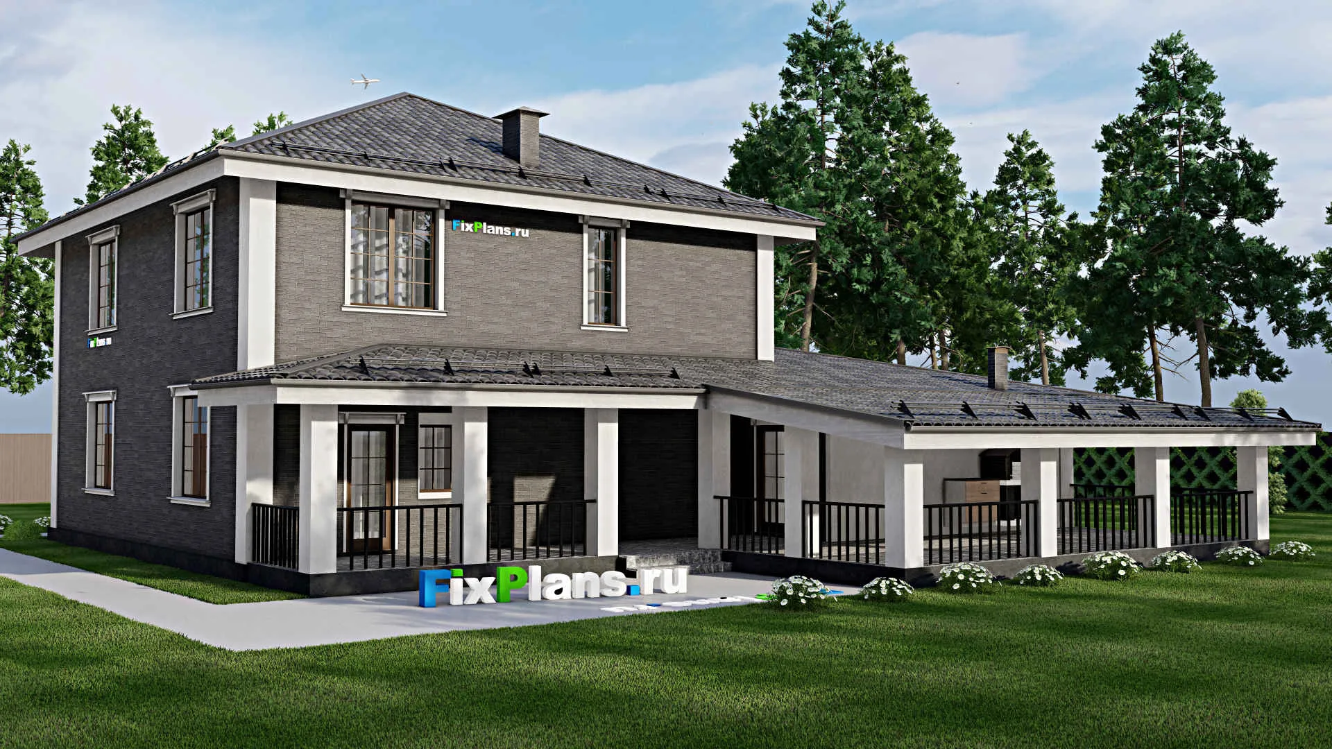 F-12356 - Проект двухэтажного дома 18 на 19, площадью 320 м² с террасой, гаражом на 2 машины и 3 спальнями