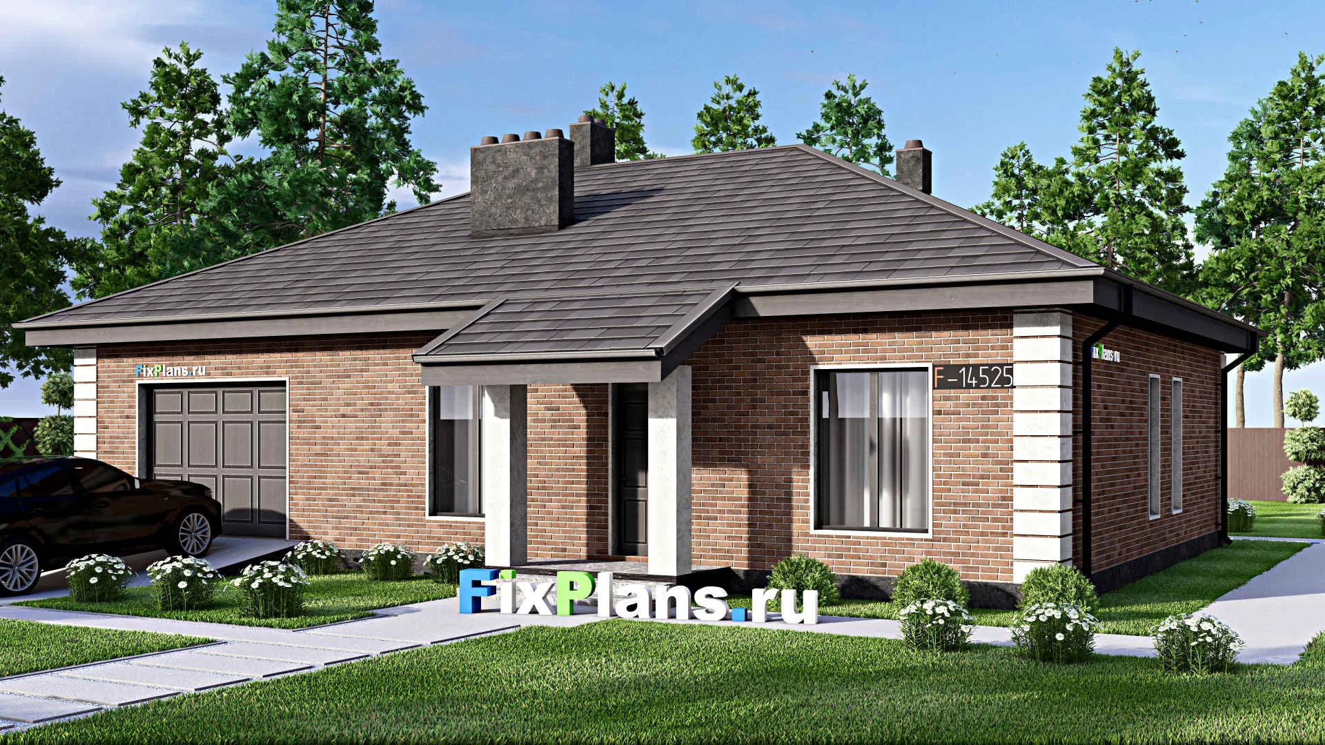 F-14525 - Проект одноэтажного дома 13 на 17, площадью 150 м² с террасой, гаражом на 2 машины и 2 спальнями