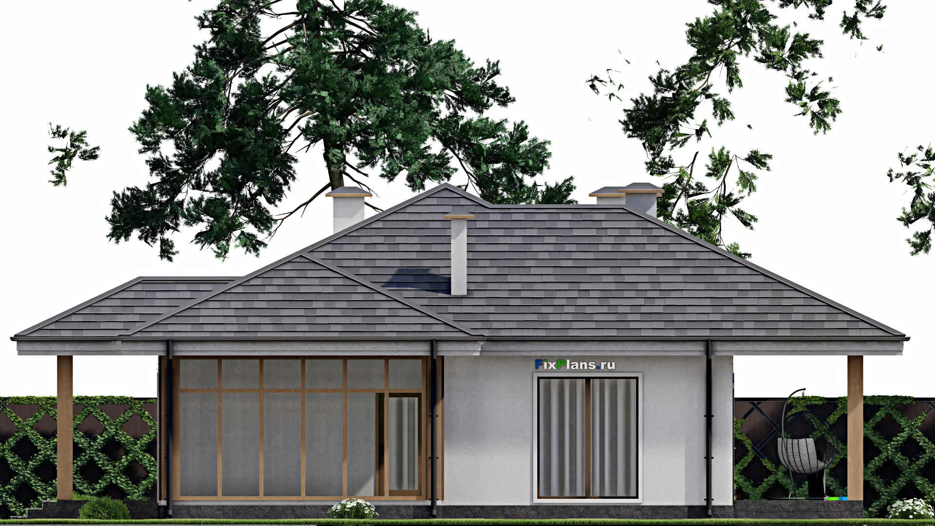 F-8450 - План одноэтажного дома 16 на 21, площадью 210 м² с террасой и 6 спальнями