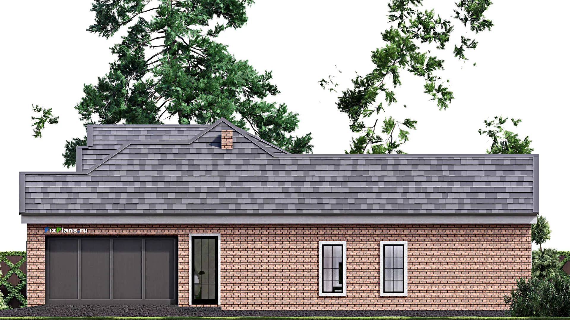 F-16937 - Проект одноэтажного дома 19 на 21, площадью 260 м² с террасой, гаражом на 2 машины и 3 спальнями