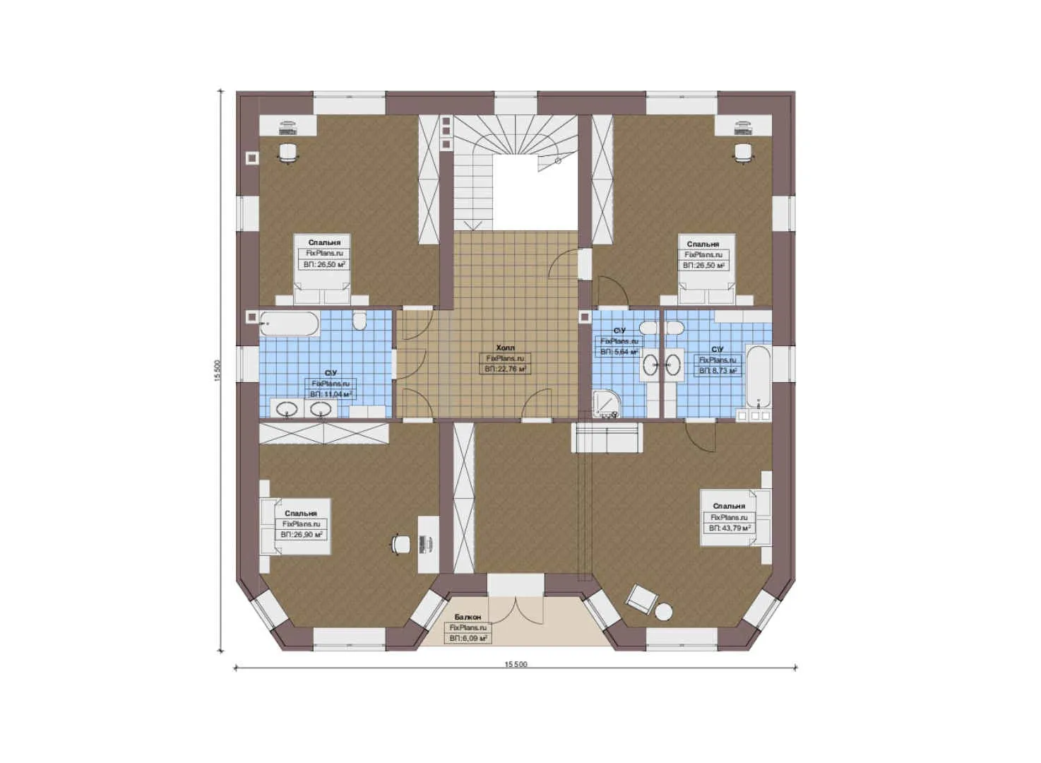F-19331 - Планы двухэтажного дома 16 на 18, площадью 380 м² с террасой, балконом и 4 спальнями
