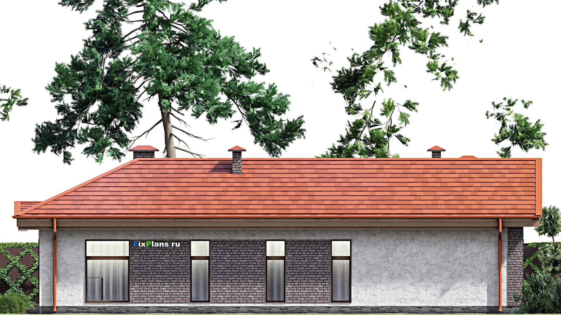 F-13895 - Проект одноэтажного дома 16 на 22, площадью 250 м² с террасой, баней и 3 спальнями