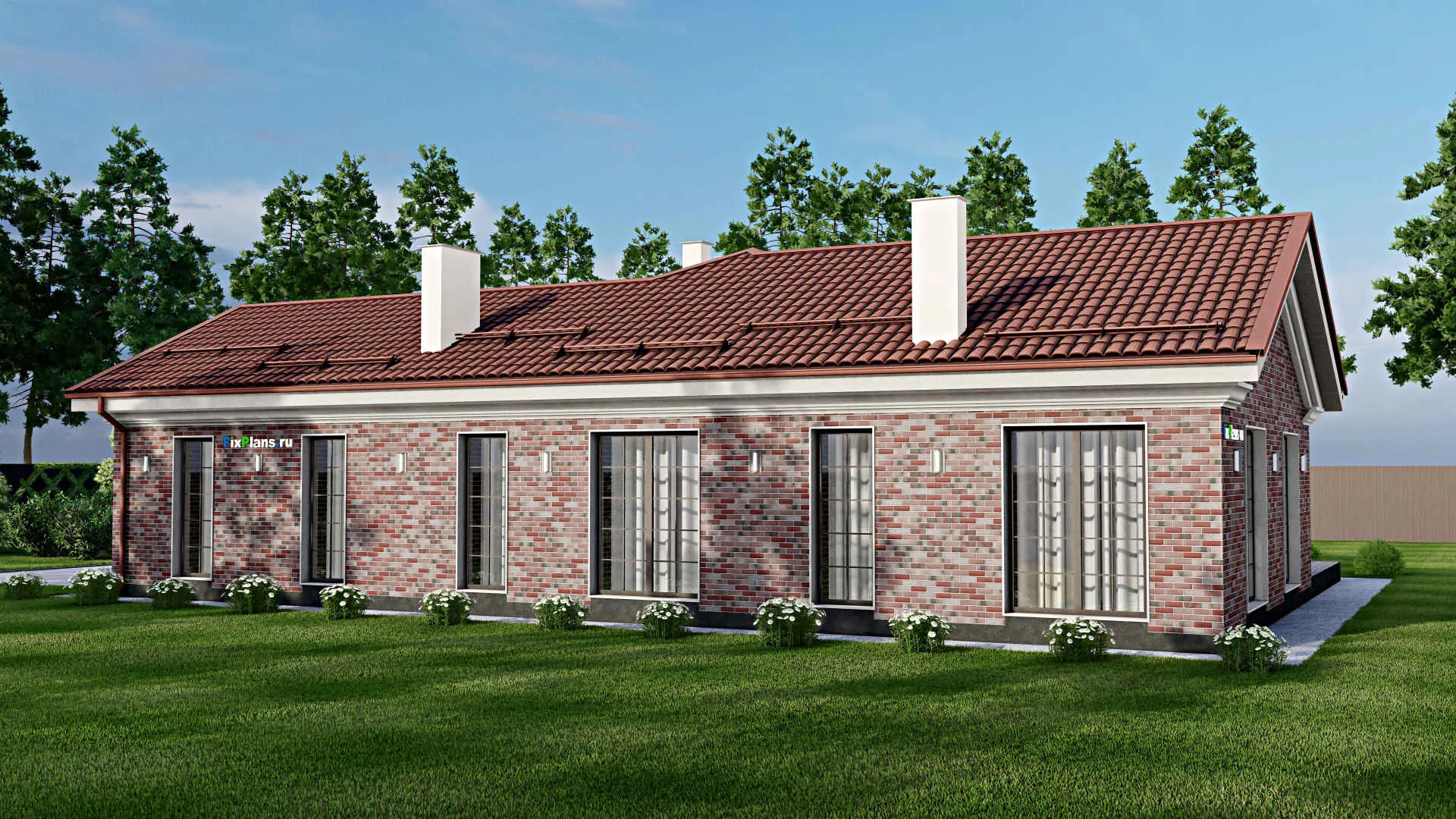 F-1484 - Проект одноэтажного дома 15 на 19, площадью 190 м² с террасой, гаражом на 1 машину и 3 спальнями