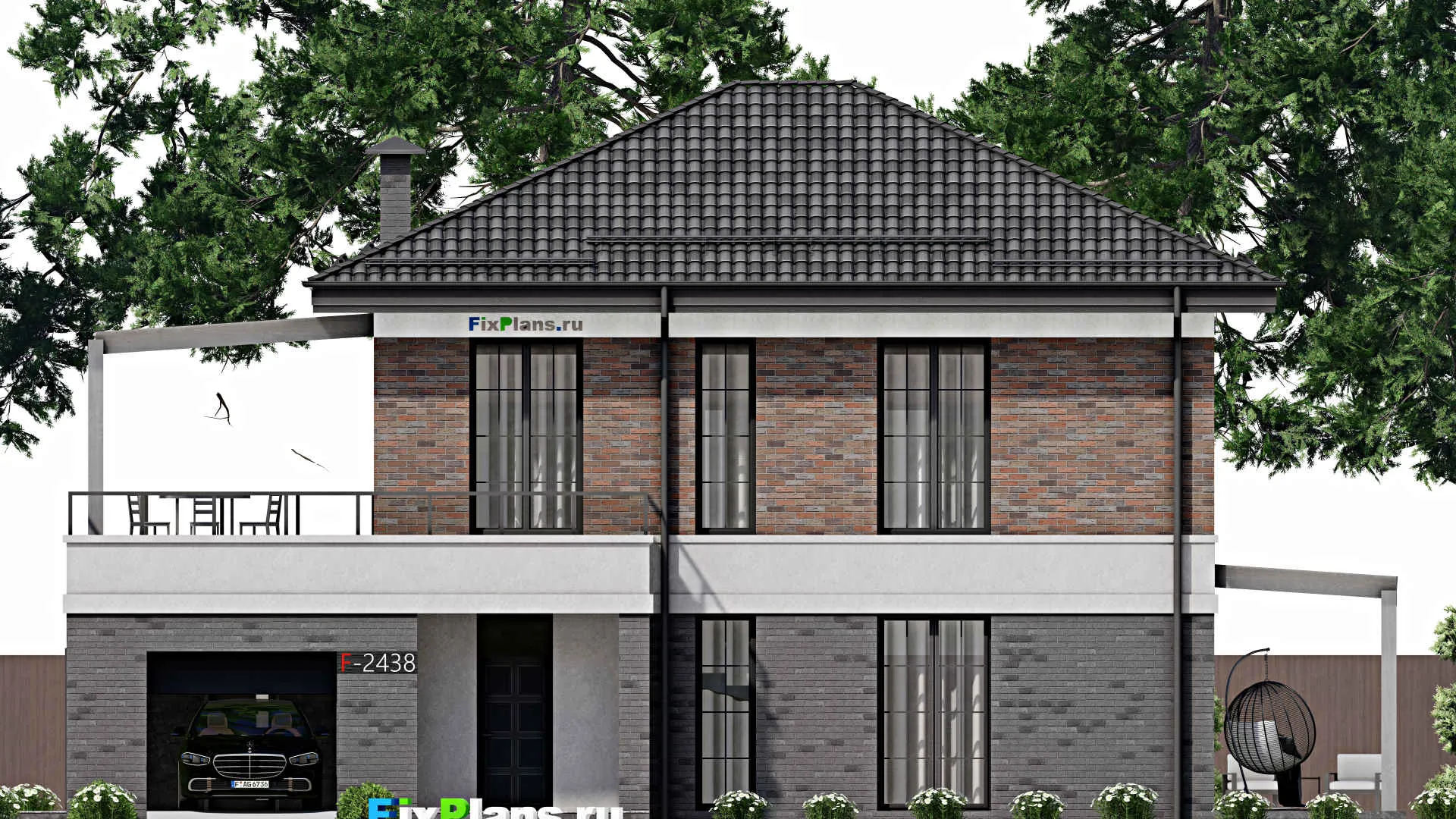 F-2438 - Проект двухэтажного дома 12 на 16, площадью 250 м² с террасой, балконом, гаражом на 1 машину и 4 спальнями