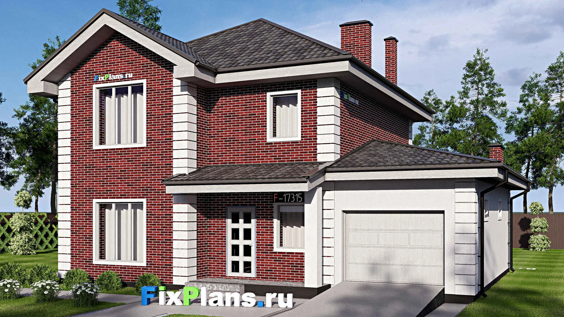 F-17315 - Проект двухэтажного дома 15 на 15, площадью 210 м² с террасой, гаражом на 1 машину и 4 спальнями