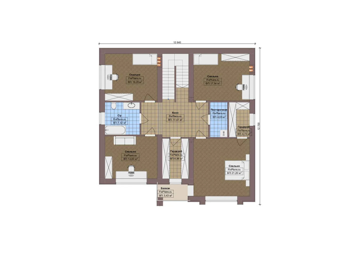 F-13004 - Планы двухэтажного дома 13 на 17, площадью 250 м² с террасой, балконом и 5 спальнями