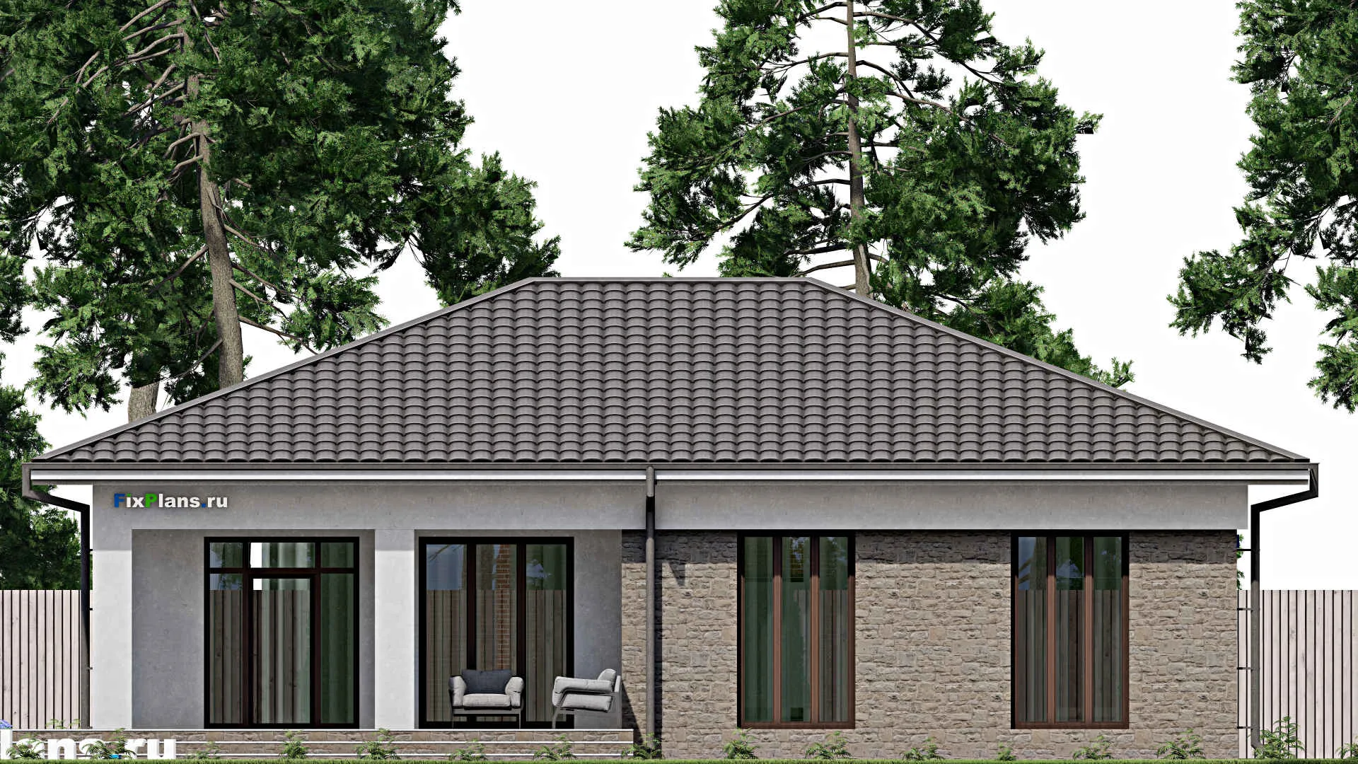 F-0485 - Проект одноэтажного дома 14 на 16, площадью 170 м² с террасой и 3 спальнями