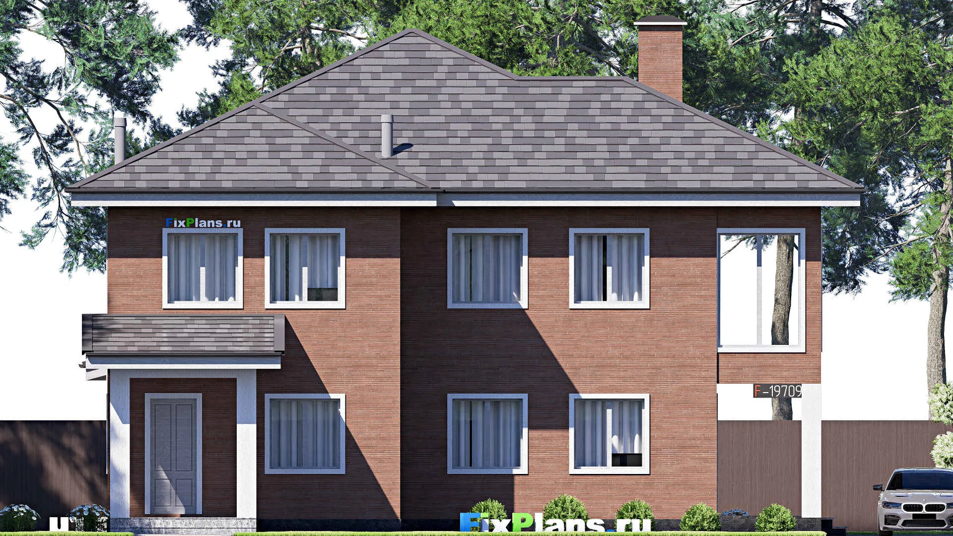 F-19709 - Проект двухэтажного дома 15 на 19, площадью 340 м² с террасой, балконом и 4 спальнями