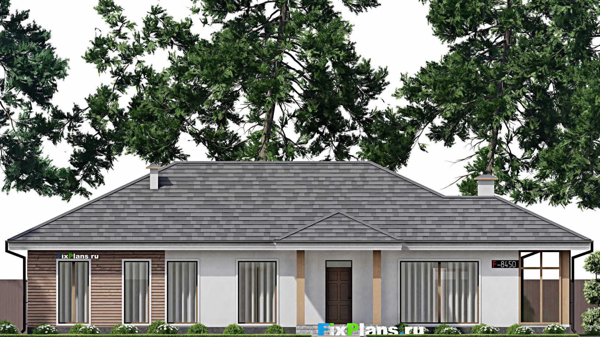 F-8450 - План одноэтажного дома 16 на 21, площадью 210 м² с террасой и 6 спальнями