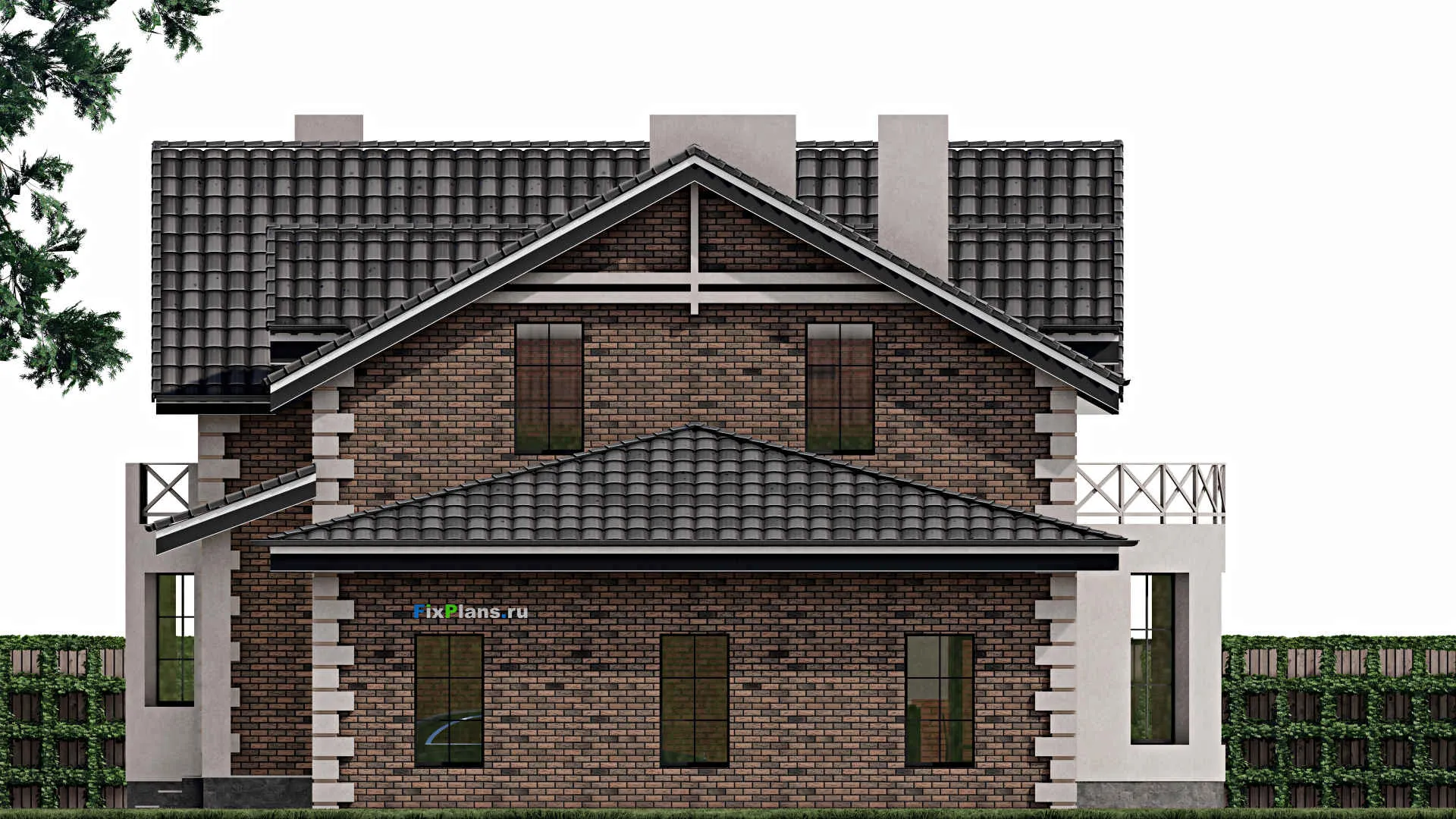 F-0890 - Планы дома с мансардой 15 на 16, площадью 210 м² с балконом, гаражом на 1 машину и 4 спальнями