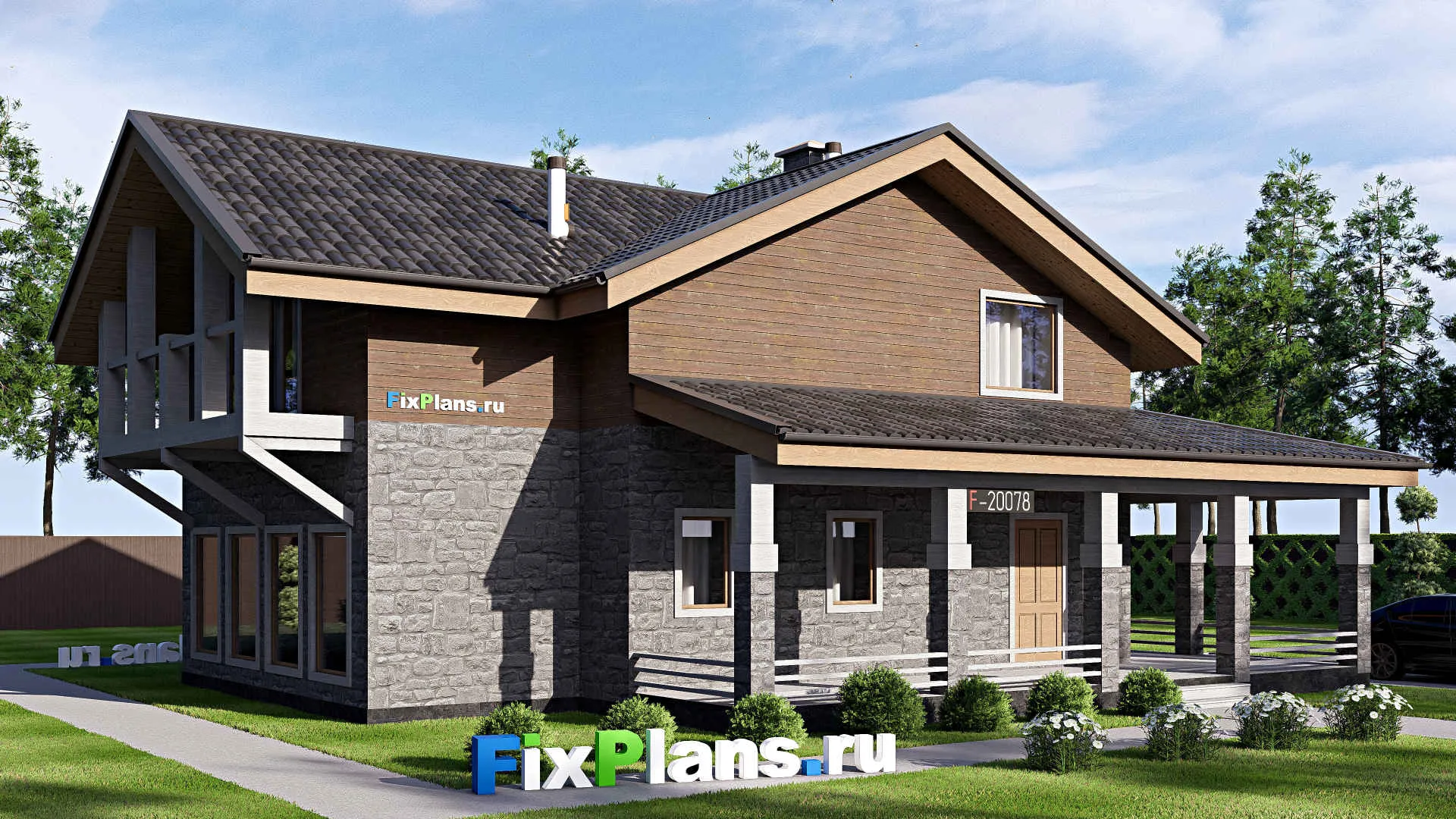 F-20078 - Проект дома с мансардой 15 на 15, площадью 260 м² с террасой, балконом и 3 спальнями