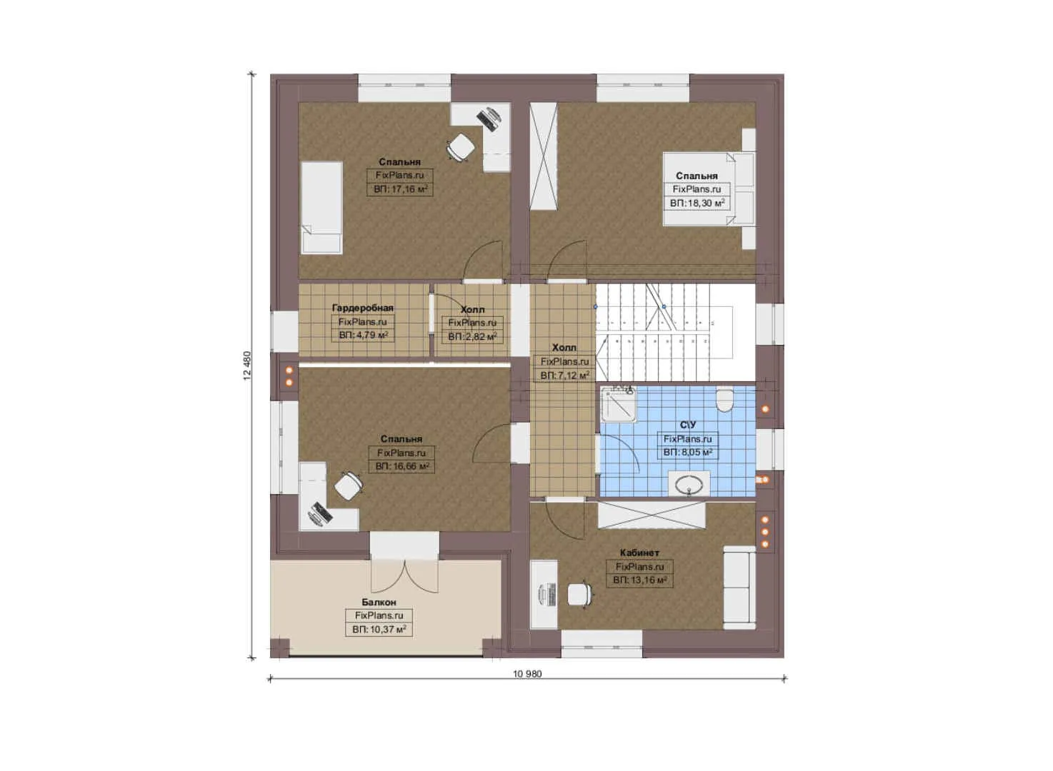 F-19520 - Планы двухэтажного дома 11 на 13, площадью 200 м² с балконом и 4 спальнями