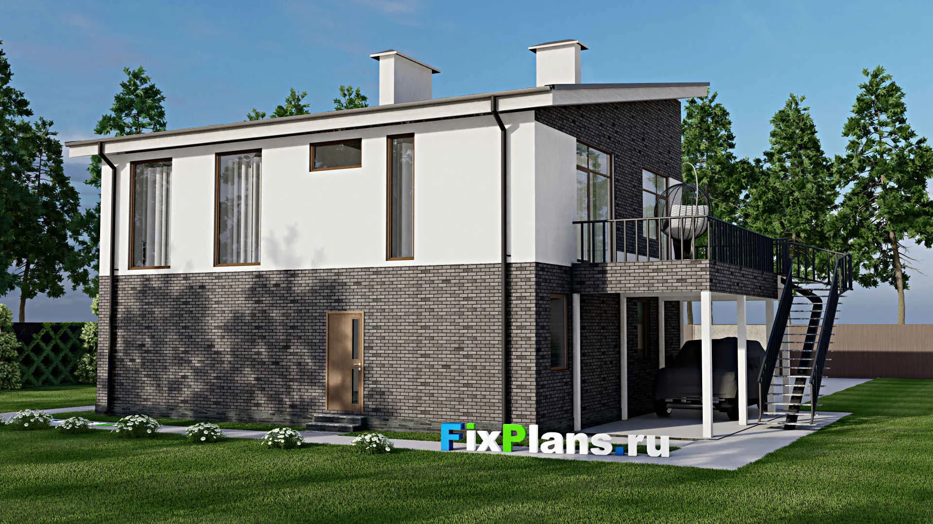 F-7775 - Проект двухэтажного дома 12 на 15, площадью 220 м² с террасой, гаражом на 2 машины и 3 спальнями