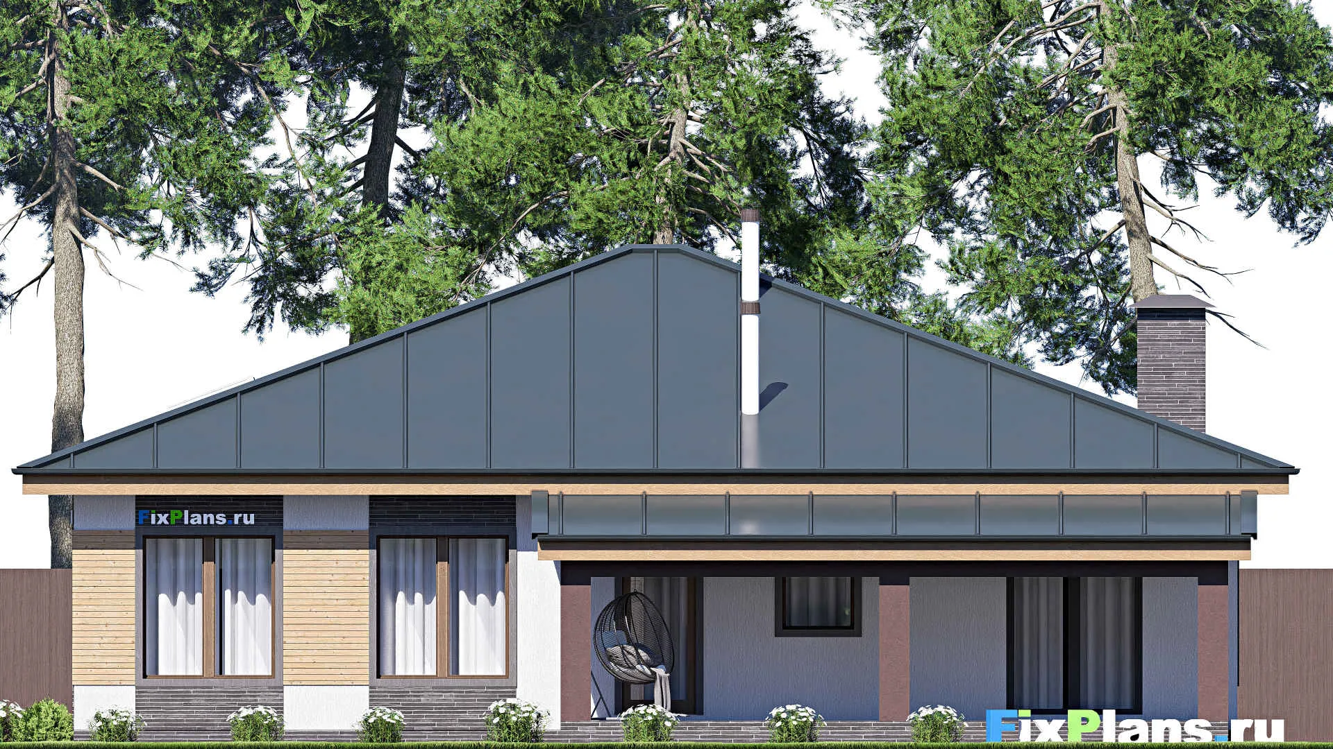 F-20483 - План одноэтажного дома 16 на 20, площадью 230 м² с террасой, гаражом на 2 машины и 3 спальнями