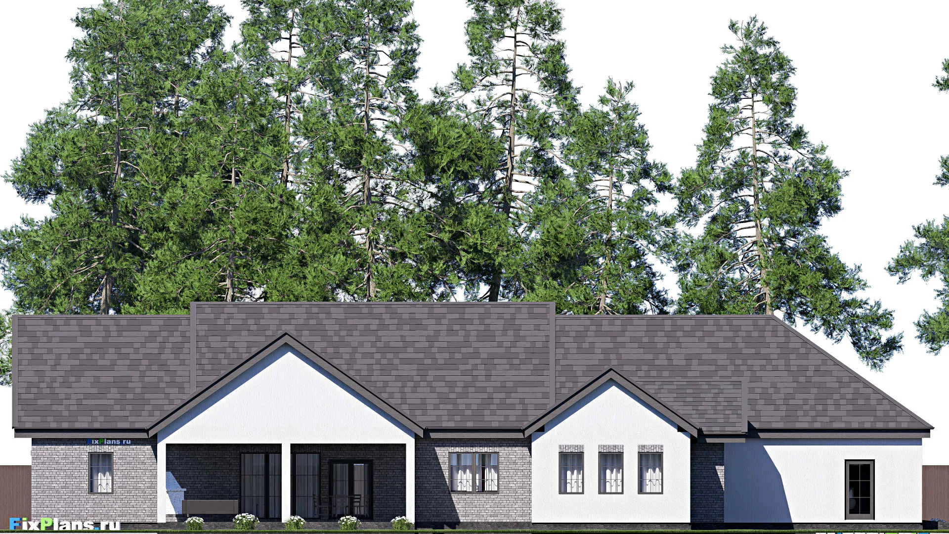 F-19853 - Проект одноэтажного дома 25 на 32, площадью 460 м² с террасой, гаражом на 2 машины и 4 спальнями