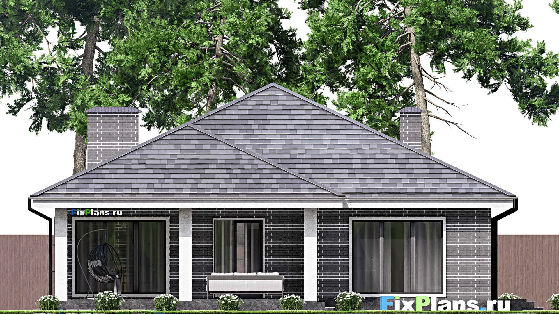 F-13193 - План одноэтажного дома 14 на 25, площадью 260 м² с террасой, гаражом на 2 машины и 3 спальнями