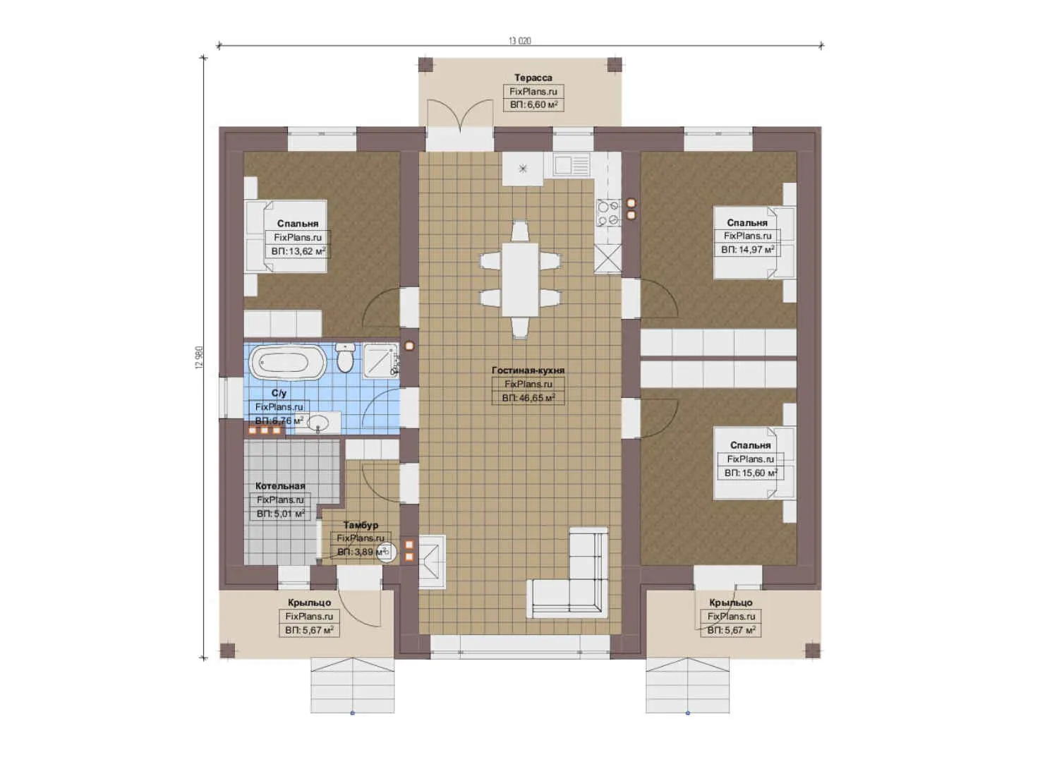 F-13535 - План одноэтажного дома 13 на 14, площадью 130 м² с террасой и 3 спальнями