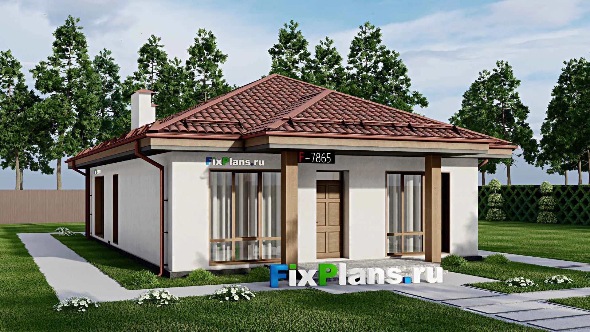 F-7865 - Проект одноэтажного дома 10 на 15, площадью 120 м² с террасой и 3 спальнями