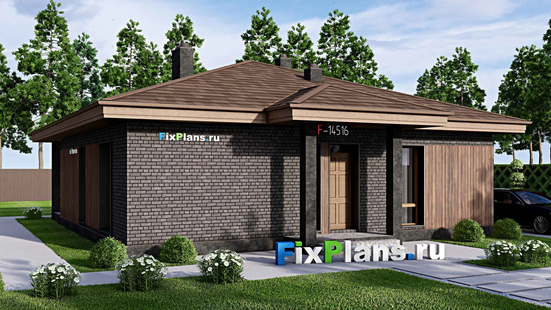 F-14516 - Проект одноэтажного дома 12 на 14, площадью 130 м² с террасой и 3 спальнями