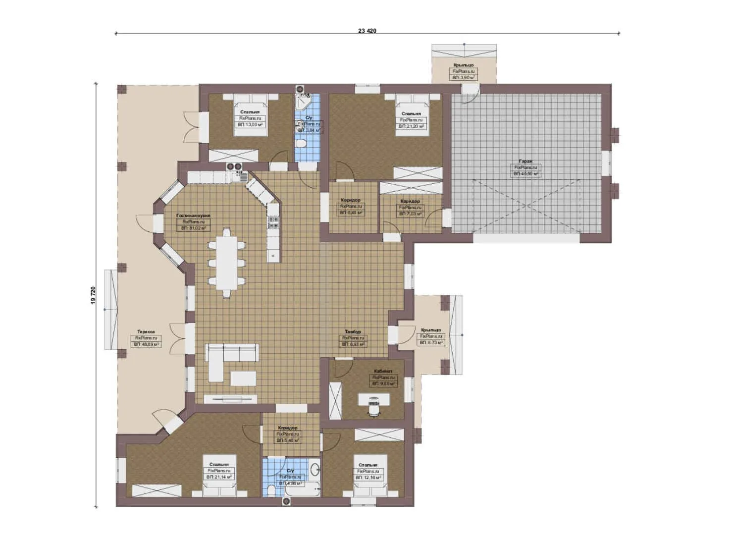 F-17297 - План одноэтажного дома 20 на 24, площадью 300 м² с террасой, гаражом на 2 машины и 4 спальнями