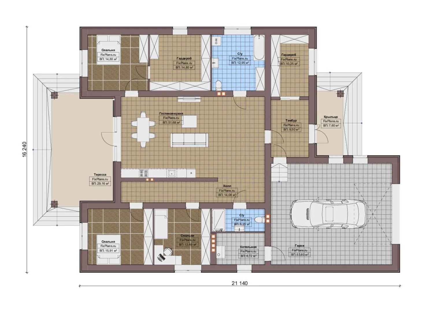 F-20528 - План одноэтажного дома 17 на 22, площадью 260 м² с террасой, гаражом на 2 машины и 3 спальнями