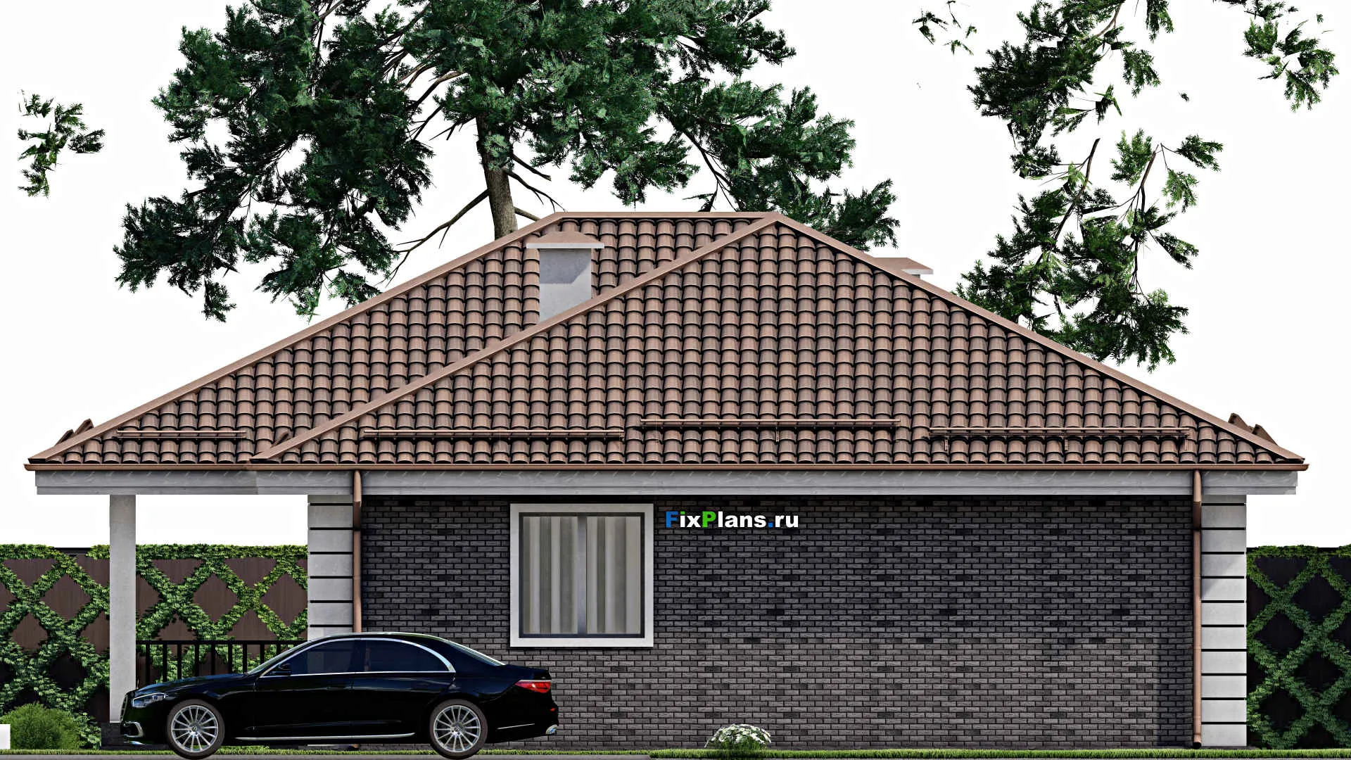 F-9881 - Проект одноэтажного дома 14 на 15, площадью 150 м² с террасой и 4 спальнями