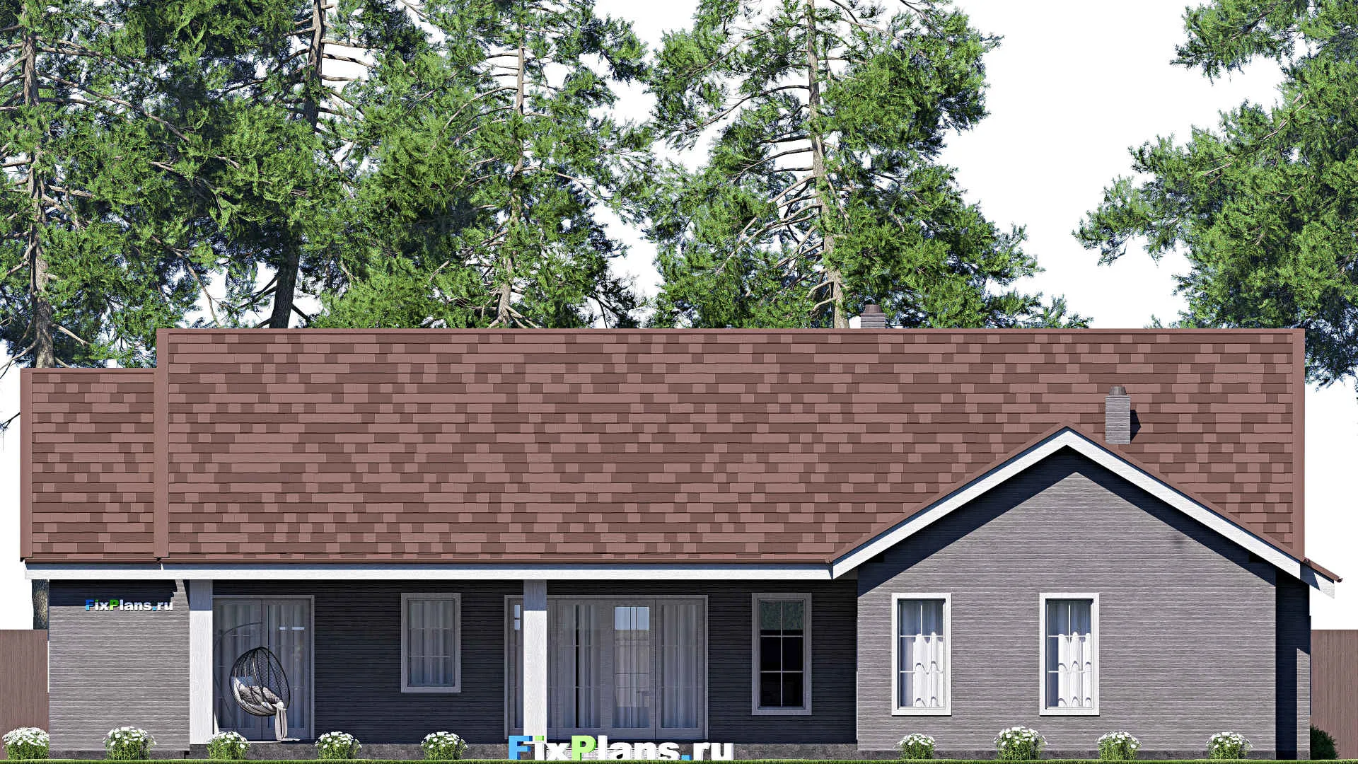 F-17117 - Проект одноэтажного дома 18 на 23, площадью 270 м² с террасой, гаражом на 2 машины и 4 спальнями