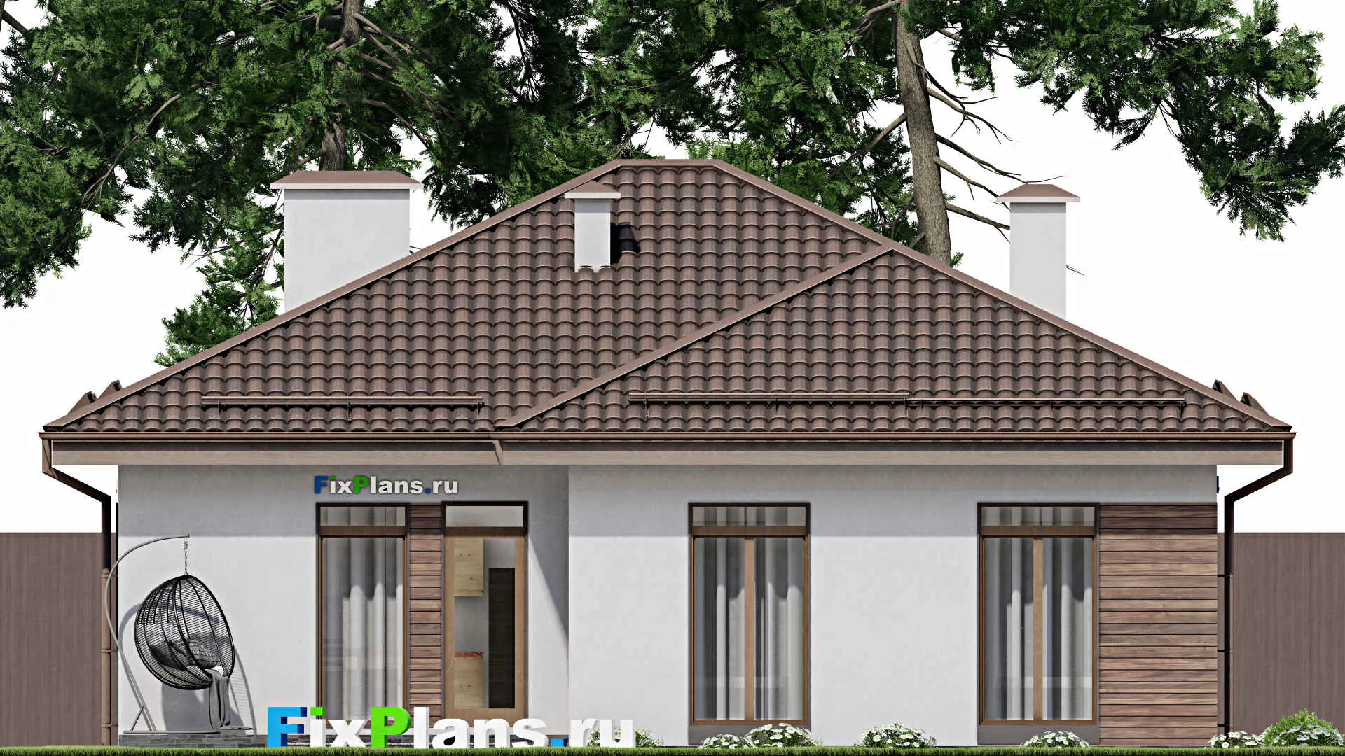 F-5408 - Проект одноэтажного дома 12 на 19, площадью 150 м² с террасой, гаражом на 1 машину и 3 спальнями