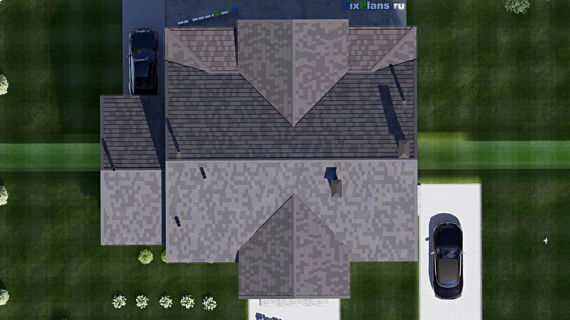 F-20645 - Проект двухэтажного дома 18 на 20, площадью 440 м² с террасой, цокольным этажом, гаражом на 1 машину и 3 спальнями