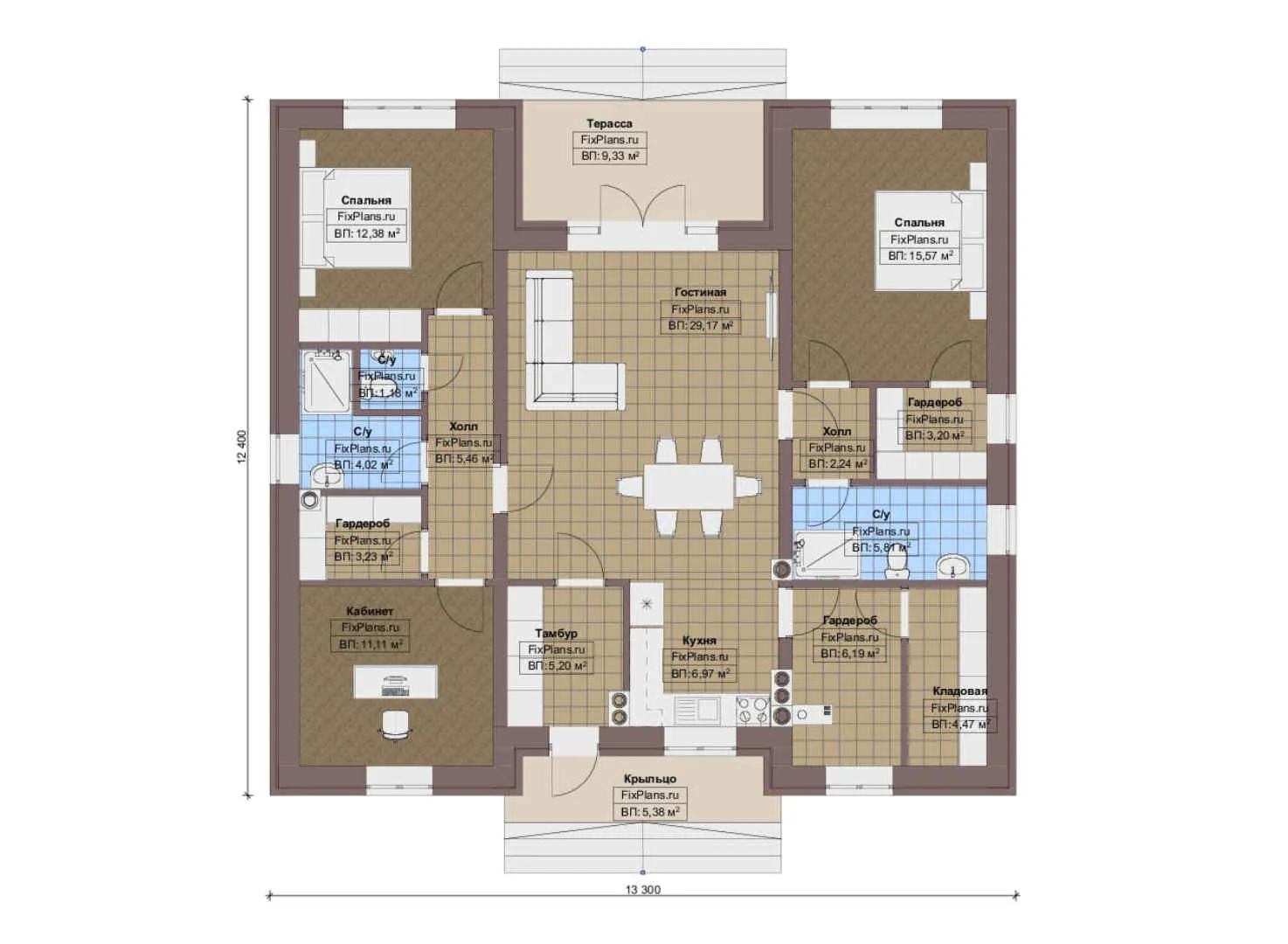 F-12770 - План одноэтажного дома 13 на 14, площадью 140 м² с террасой и 2 спальнями