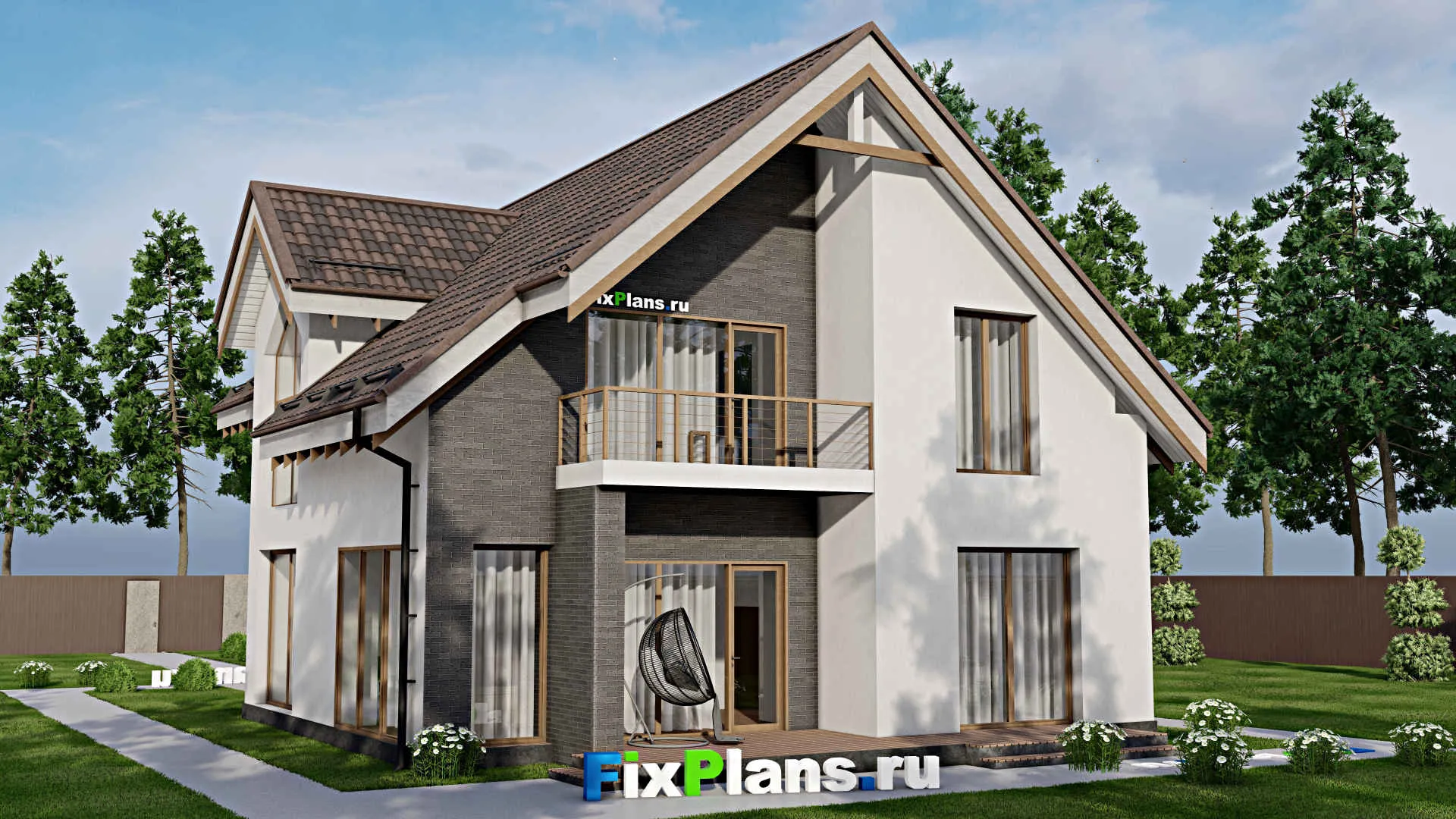 F-5732 - Проект дома с мансардой 11 на 20, площадью 240 м² с террасой, балконом, гаражом на 1 машину и 3 спальнями