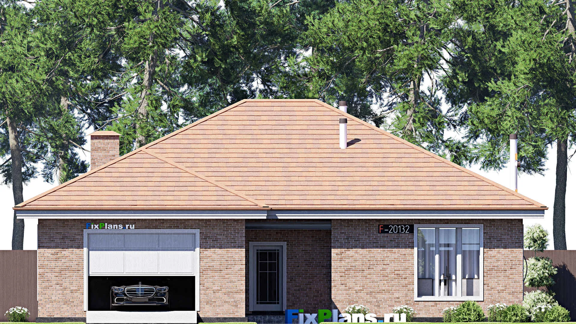 F-20132 - Проект одноэтажного дома 16 на 24, площадью 230 м² с террасой, гаражом на 1 машину и 3 спальнями