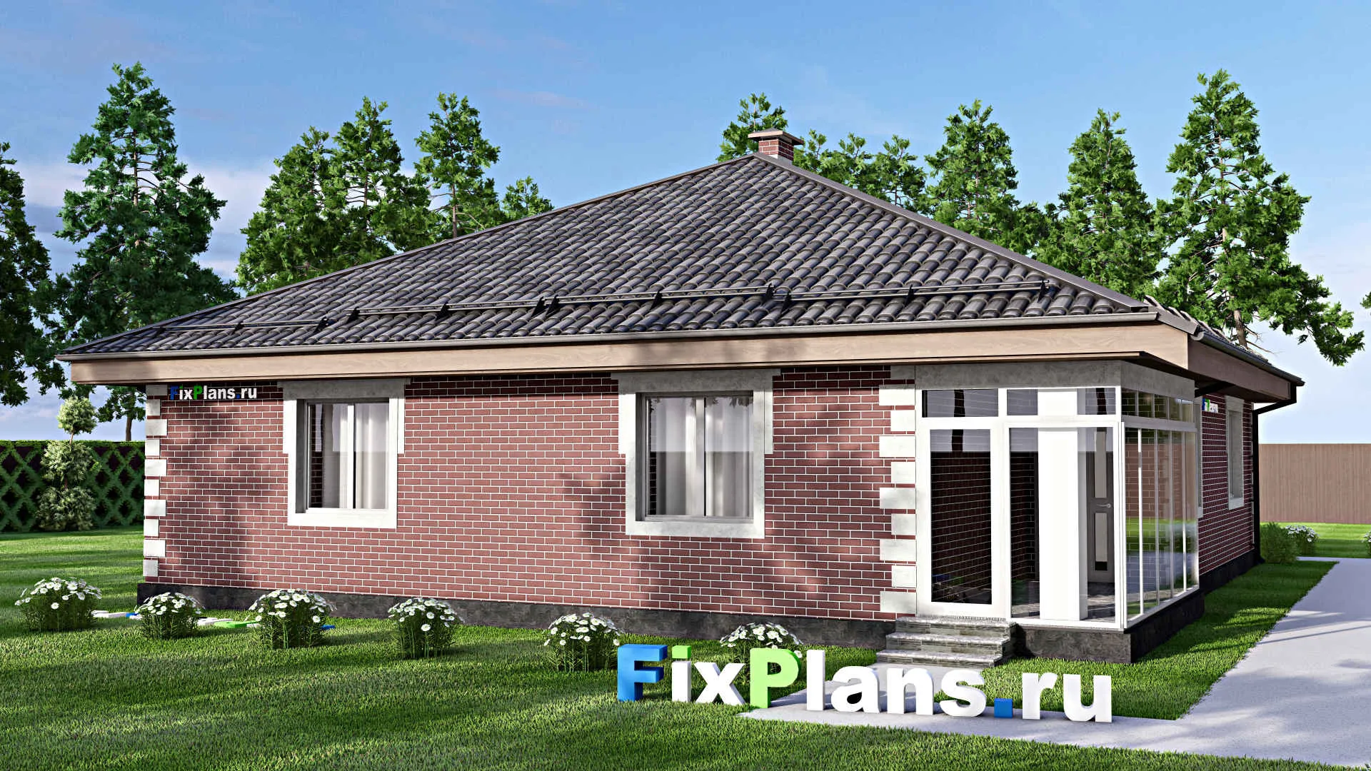 F-13022 - Проект одноэтажного дома 14 на 15, площадью 160 м² с террасой и 3 спальнями