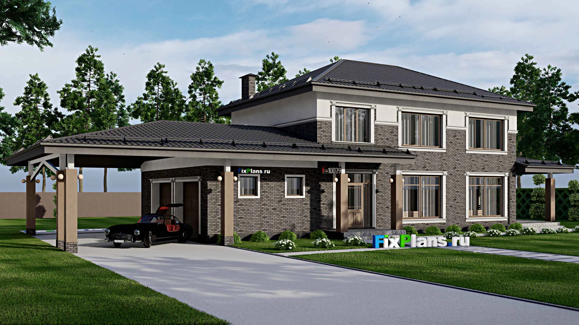 F-10079 - Проект двухэтажного дома 12 на 28, площадью 270 м² с террасой, баней, гаражом на 1 машину и 5 спальнями