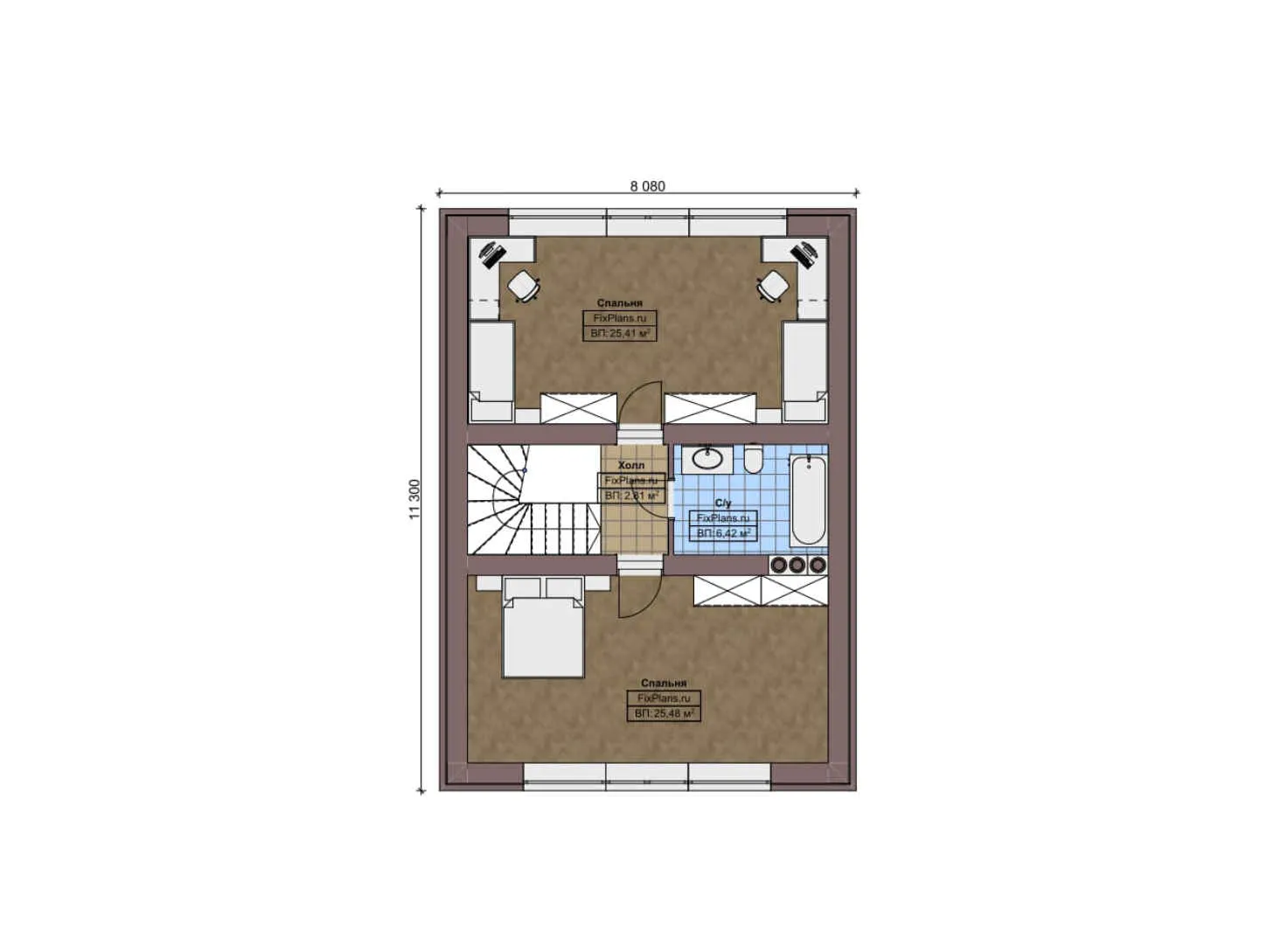F-3032i - Планы дома с мансардой 13 на 15, площадью 210 м² с террасой, гаражом на 2 машины и 3 спальнями