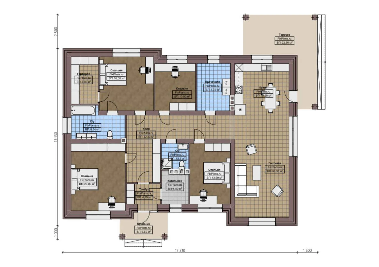 F-1943 - План одноэтажного дома 14 на 18, площадью 200 м² с террасой и 4 спальнями